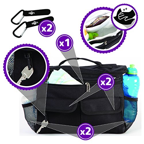BTR Kinderwagen-Organizer & Baby-Wickeltasche plus 2 Kinderwagen-Clips. Wasserabweisend. Einheitsgröße - 2