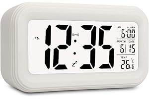 RAVSOOL Digital Alarm Clock, Electronic Large Digit Display Snooze Night Light Battery Operated Long Battery Life Clock with Date Calendar Temperature for Kids/Bedroom/Heavy Sleepers/Travel (White)