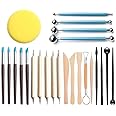 ELECDON Clay Sculpting Tool, Polymer Clay Tools, 24-Pcs Pottery Tools for Adults, Kids, and Beginners, Wooden Handle Ceramic Sculpture Carving Kit for Rock Painting, Pottery Clay Modeling