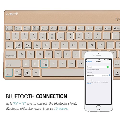 Collen Mini Bluetooth 3.0 Wireless Tastatur Kabellose QWERTY Keyboard mit Eingebauter Lithium Batterie und LED-Hintergrundbeleuchtung für IPad, iPhone iOS, Mac, Android Samsung Galaxy Tab, Galaxy Note, Smartphones, Windows(Gold) - 3