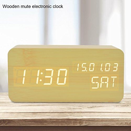 Wooden Alarm Clock LED Calendar Dual Screen Time Date Temperature Weekly Show Electronic Desktop Home Bedroom Travel Clock with Voice Control Function (Bamboo White Light)