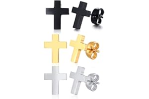 LAFATINA 3 Pairs Cross Drop Dangle Tassel Earrings Stainless Steel Round Tunnel Gauges Screw Stud Earring for Men Women