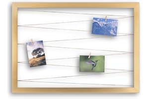 CLAMARO 'Collage Line' Fotohalter 90x70 cm | Gold | Querformat Bilderrahmen mit Fotoleine aus Juteband und Holzklammern | Ideal als Fotocollage Galerie, Fotowand oder Fotorahmen