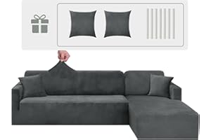 CHELZEN Velours Housse de Canapé Peninsula en Forme de L, 2 Pièces Housses de Canapé d'angle, Housse de Canapé pour Chaise Longue avec Deux Taies d'oreiller (2 Place+3 Place, Gris)