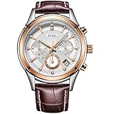 BUREI Chronograph Analoge Quarz-Armbanduhren mit kratzfestem Mineralglas-Lederarmband