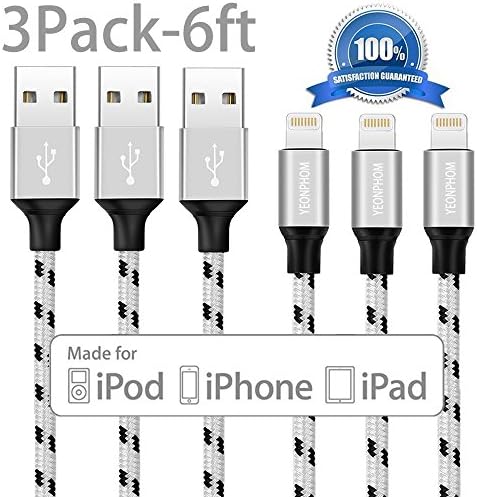 iPhone Charger, YEONPHOM 3Pack 6FT/2M Nylon Braided Lightning to USB Cable Data Sync Cord Charging Cable for Apple iphone 7/7Plus/6s/6s plus/6plus/6,SE/5s/5c/5,iPad Mini/Air/Pro,iPod(Black/Silver)