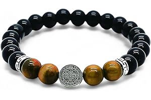 arana's - Pulsera piedras naturales autenticas - Onix agata negra turmalina obsidiana ojo de tigre rosa - Medalla San Benito - Regalos originales para mujer - Proteccion mal de ojo - Unisex