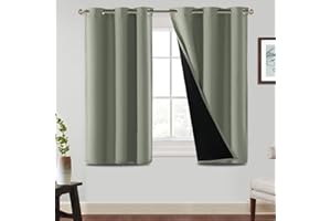 BellaHills 100% Blackout Curtains for Bedroom Thermal Insulated Blackout Curtain Heat and Full Light Blocking Eyelet Curtains for Living Room with Black Liner 2 Panels, 46 x 54 Inch, Light Sage