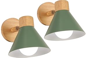LIGKIN 2 Pezzi Lampade da Parete Interni Moderna E27 Applique da Parete Industriale Vintage Lampada da Parete Ruotabile in Legno Lampada a Muro per Camera Soggiorno Caffè, Ø18cm(Verde scuro)