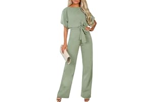 AlvaQ Womens Black Slash Neck Jumpsuit Short Sleeve Belted Romper Loose Casual Playsuit