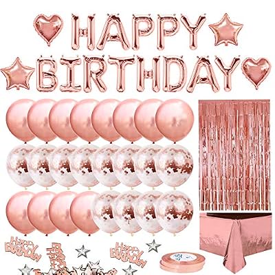 iZoeL Anniversaire Ballon Rose Kit Guirlande Happy Birthday, Nappe Rose Or, Rideau à Franges, 24 Ballons Confettis, 4 Ballons étoile et Coeur, Confettis Happy Birthday