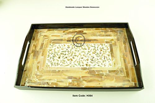 wooden tray handmade serving tray platter rectangular wood tray lacquer inlaid with mother of pearl sea shell fine quality decorative tray small size brown black, H064S