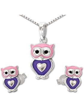 CLEVER SCHMUCK-SET Silberner Anhänger Mini Eule 11 mm und Herz rosa violett mit passenden Ohrsteckern 7 mm und...