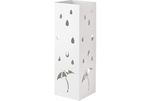 Baroni Home - Paragüero Cuadrado de Metal con Diseño de Paraguas con Gotas de Lluvia, con Gancho y Bandeja Recogegotas Desmontable, 15,5x15,5x49 cm, Blanco