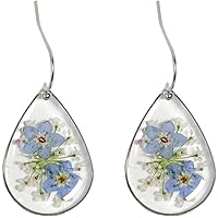 Vergissmeinnicht Ohrringe Aus 14K Vergoldung – Tropfenform, Gepresste Blumen, 33 Mm, Elegant Für Frauen & Mädchen