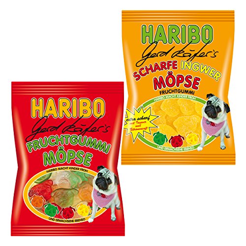 Haribo Gerd Käfer's Möpse Normal / Ingwer-Scharf Set, 2 Sorten, Gummibärchen, Weingummi, Fruchtgummi, Im Beutel, Tüten, 200 / 150 g