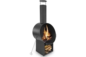 MaxxGarden Archedius Chimenea de Patio - Horno de terraza, Fuego Visible, Acero, Inoxidable, Compartimento para leña, Moderno, Antivuelco, Estable, Parrila para carbón y atizador, Negro 55x49x145cm