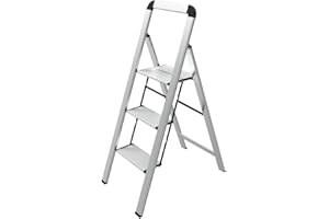 ‎MEPHISTO Mephisto Leiter Trittleiter Klappleiter Stufenleiter Haushaltsleiter flach aus Aluminium inkl. Anti Rutsch Trittflächen mit 3 Stufen mit Griff bis 150 kg Tragkraft