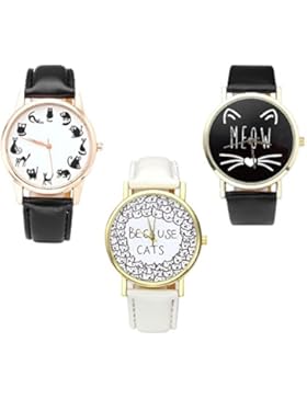 JSDDE Uhren,Vintage Fashion Cute Cartoon Kätzchen Katze Armbanduhr PU Lederband Damenuhr Analog Quarzuhr Uhren...
