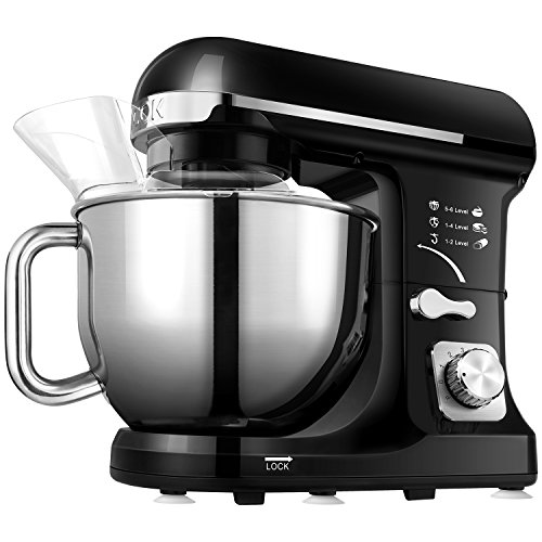 Aicok Küchenmaschine Edelstahl-Rührschüssel Durchlaufschnitzler 1000 Watt MK-37 Doppel-Beater 6-Gang mit 5-Liter Edelstahl-Schüssel, schwarz