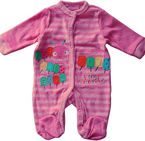 0-3 months - Baby Girls Cute Pink Striped and Multicoloured Little Caterpillar Velour Sleepsuit Onesie
