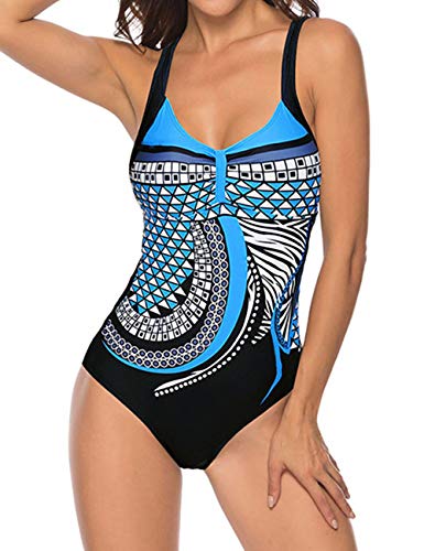 Monokini Costumi Interi Donna, Swimming Pin Up Costume SGAMBATO Contenitivi One Piece Costumi da Bagno Push Up Trikini Imbottito Bohemian Piscina (Blu, M)