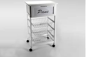 GICOS IMPORT EXPORT SRL Carrello da Cucina in Legno Porta Frutta Pane Porta Oggetti 3 cestini 1 cassetto Colore Bianco con Ruote 47 * 37 * 85 cm TDG-797330