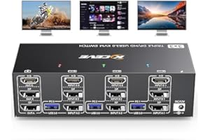 KVM Switch 3 Monitors 3 Computers 8K@60Hz, MLEEDA HDMI Displayport Triple Monitor KVM Switch 3 Computers Udostępnij 3 Monitors i 4 Porty USB 3.0, z Adapter Zasilania, Pilota Przewodowa i 3 Kable USB