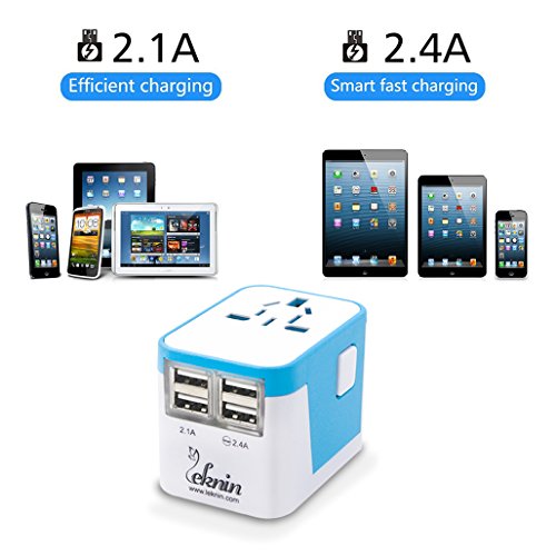 Universal Reiseadapter Reisestecker mit 4 USB-Ports – Leknin All in One Internationaler Reiseadapter für Weltweit Steckdosen US UK EU AU Alles dabei, Wechselspannung & Überspannungsschutz, 2 USB-Ports für schnelles Aufladen (Blau) - 2