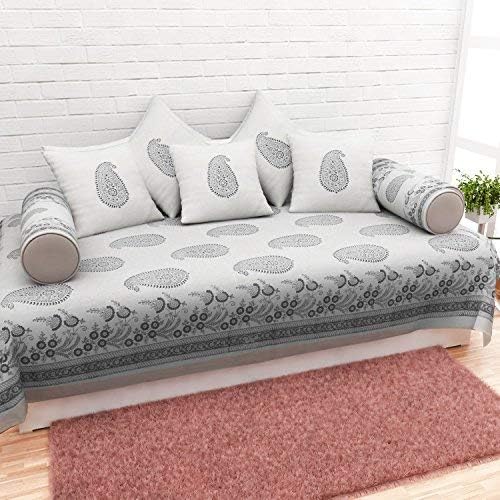 Cloth Fusion Vintage 120TC Cotton Handblock Diwan Set Kiyari Design Set of 8-Pieces,Charcoal
