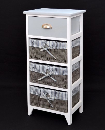 Landhaus Kommode Schrank Bad Regal in grau weiss mit einer Schublade und drei Körbe mit einem Stoffbezug in Blau - 2