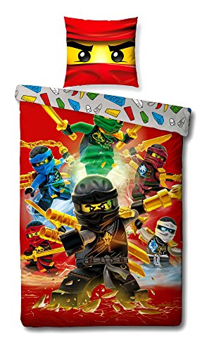 Wende Linon Kinder Bettwäsche Lego Ninjago - Fire - Neu & Ovp - 135 x 200cm + 80 x 80cm - 100% Baumwolle - Cole - Jay - Kai - Lloyd - Zane - Nya - Misako - Sensai Wu - deutsche Größe