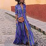 Viviam Women Dress Long Striped Printed Front Button Open Dress with Mid Sleeves