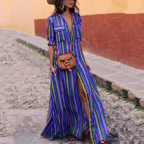 Viviam Women Dress Long Striped Printed Front Button Open Dress with Mid Sleeves