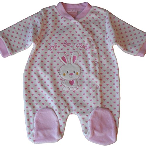 Newborn nb months - Baby Girls Sleepsuit Sleeper - Gorgeous Velour White and Pink Love Hearts & Bunny Rabbit Onesie