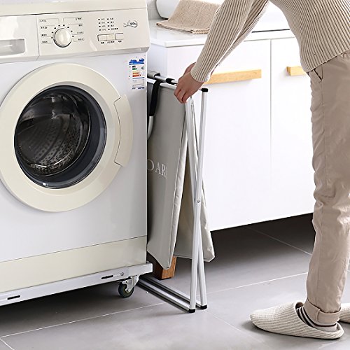 IHOMAGIC Double Sections Light and Dark Laundry Basket – Sturdy Aluminum X-Frame – Large Capacity – Folding Washing Clothes Storage Bins Hamper, Grey - 3