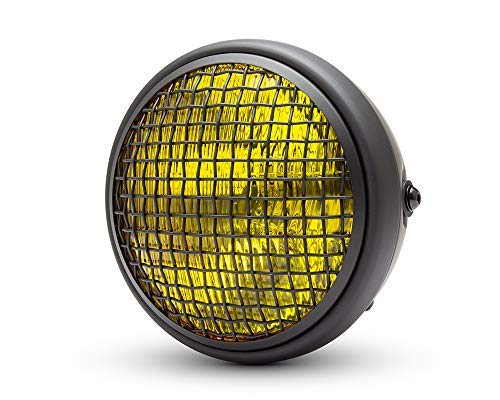 Classic Motorcycle Headlight | 7.7 inch 178mm | Matt Black Finish with Scrambler Mesh Grill & Yellow Lens - Upgraded H4 55W Headlamp Bulb Included | Ideal for Retro Café Racer Street Bike