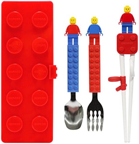 Brick Figure Design Training Chopsticks Spoon Fork Case Set for Right-hand Children Kids (SpoonForkChopsticksRedCase)