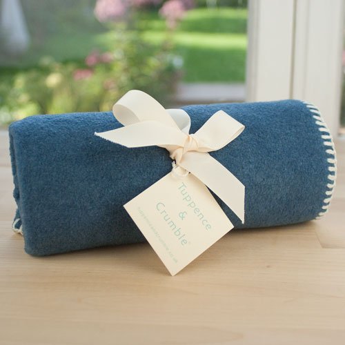 Tuppence and Crumble soft fleece Baby blanket denim with cream stitching