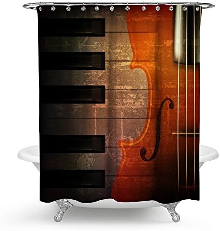KISY Music Waterproof Bath Shower Curtain Creative Art Musical Instruments Violin Note Bathroom Shower Curtain Standard Size 70" x 70",Vintage Orange