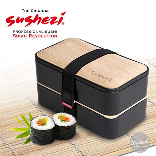 SUSHEZI Bento Box Boîte à Lunch - Boite à Repas avec Couvercle en Bambou et Couverts - 2 Compartiments Étanches en Plastique Alimentaire - Apte pour Micro-Ondes et Lave-Vaisselle - 1 Set - Noir