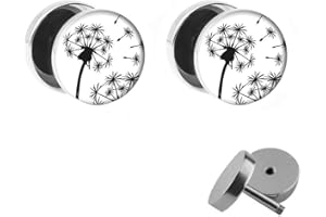 Treuheld Dandelion Earrings / Stud Earrings Set / Pair White Surgical Steel 10 mm Fake Plugs for Women, Men, Children, enamel, No Gemstone