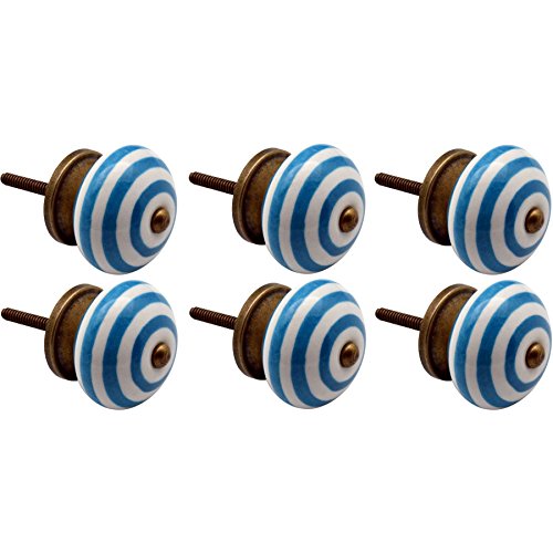 Nicola Spring, Pomelli in Ceramica, per Armadi/Cassetti, Design a Righe, Colore Azzurro - Set da 6