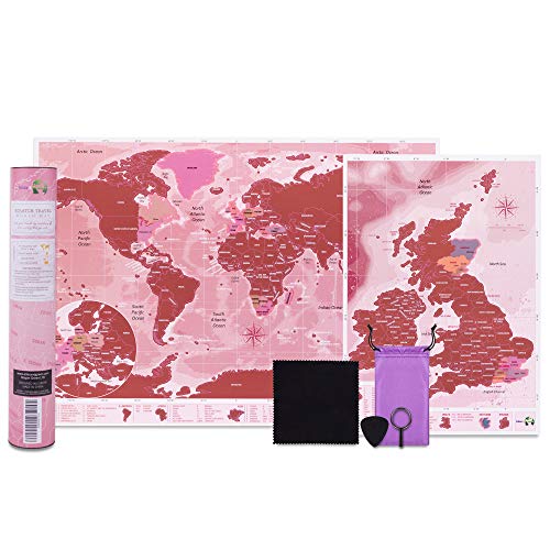 Scratch Off World Map A3 Travel Size (42 x 29.7cm) + BONUS A4 UK Map - Rose Gold - with Accessories Kit and Gift Tube - Deluxe Cartographic design by Atlas&Green