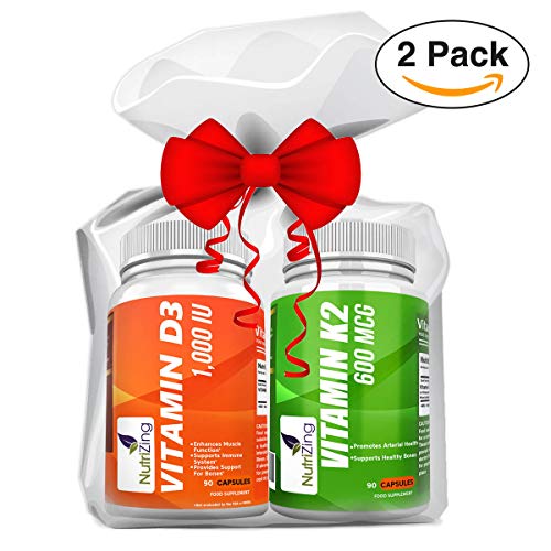 NutriZing - Vitamina K2 MK7 (600 mcg) y Vitamina D3 (1000 iU) ~ Combo Pack de Suplementos con Vitamina K y D de Alta Potencia