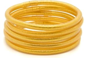 MAJALE Pack de 3 o 5 Pulseras Estilo Pan de Oro para Mujer San Valentín - Brazalete Dorado Brillante - Pulsera Budista Tibetana Kumlai Temple Flexible y Ligera