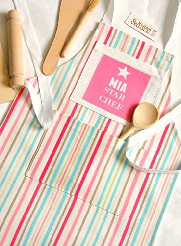Kid's Apron, Star Chef, Printed Name - Personalised Apron, Pink Stripe Cotton with Wooden Utensils