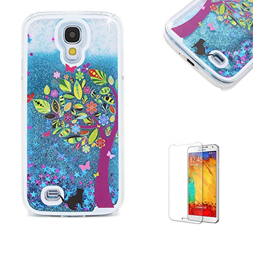 Für Samsung Galaxy S4 Hülle,Für Samsung Galaxy S4 Flüssigkeit Handyhülle,Funyye Luxus Luxuriös [Bunten Muster] Liebe Herzen Star Fließt Treibsand Durchsichtige Handytasche Glänzend Glitzer Diamond Diamant Fließen Flüssig Flüssigkeit Handyhülle Handy Hülle Case Tasche Crystal Case Durchsichtig Schutzhülle Etui Bumper Für Samsung Galaxy S4 + 1 x Frei Displayschutzfolie - Blau Glitter,Bunten Baum