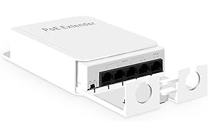 MokerLink Conmutador / Extensor PoE 5 Puertos, IEEE 802.3 AF/at/BT repetidor PoE 90W, 10/100Mbps, 1 PoE en 4 PoE out, Montaje en Pared Resistente al Agua PoE Passthrough Switch