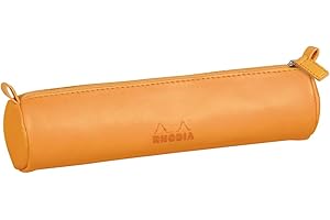 RHODIA 318890C - Orange Rhodiarama Round Pencil Case - 21.5 x 5.5 cm - Genuine Orange Stitching - Ivory Jersey Interior - Faux Leather - Storage for Pens, Pencils, Markers, Small Supplies